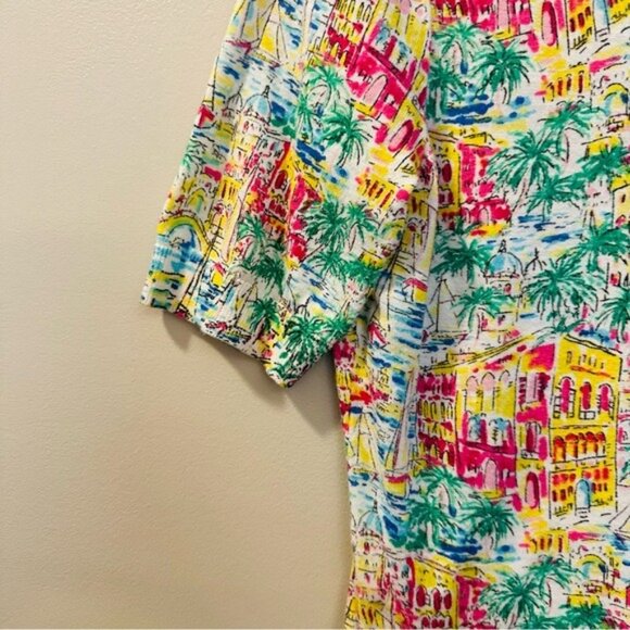 Talbots S Santorini Greece Print Cotton Sweater V-Neck Tie Hem Tropical Coquette - Picture 6 of 9